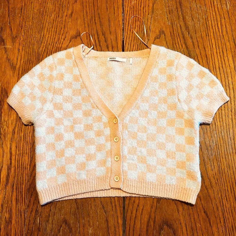 Y2K Fuzzy Peach and White Checkered Short Sleeve Knit Cardigan Skate Punk Pastel
